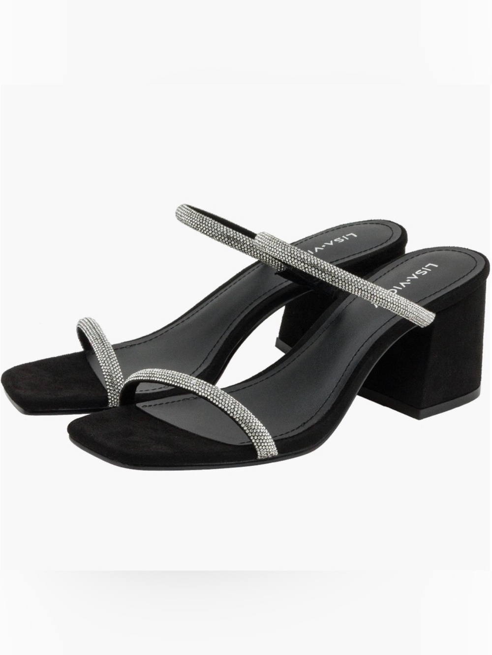 LISA VICKY Mood Pavé Block Heel Slide Black and Rhinestones Women's Sandals